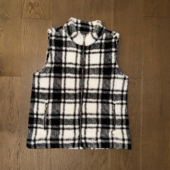 Calvin Klein Fuzzy B&W Plaid Zipper Front Cozy Soft Vest Women's Size XL - Picture 1 of 5